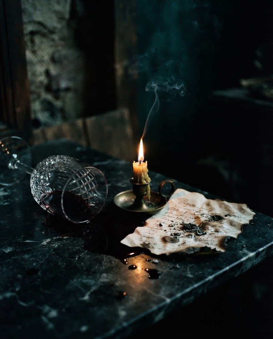 A guttering candle, a spilled glass of wine and a half-burnt letter on marble