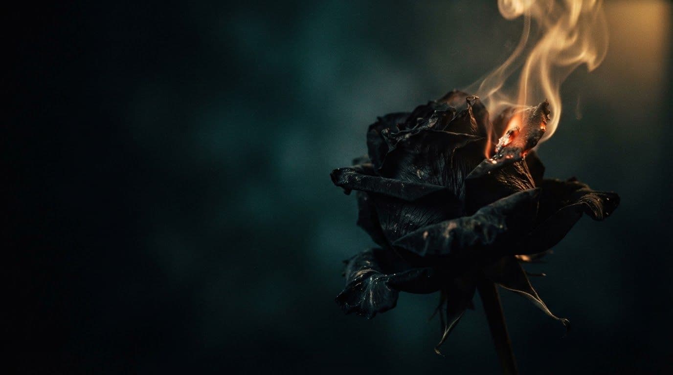 A black rose catching fire